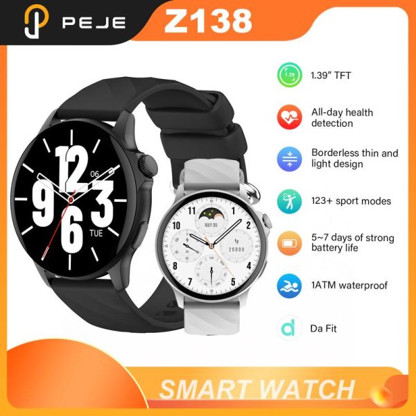 Jam Tangan Pintar, PEJE Z138, Gred Renang, Kalis Air 1ATM, Skrin HD Kaca Bajaan 1.39-inci, Panggilan Bluetooth, 100 + Mod Sukan, Permainan Terbina dalam, Kawalan Suara AI, Sesuai untuk Kesihatan dan Kecergasan