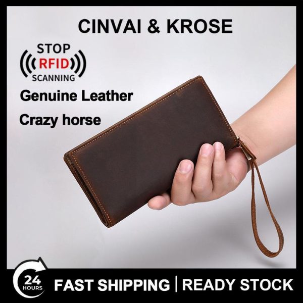 Wallets Dompet kulit Kuda Gila untuk lelaki, dompet panjang kulit asli dalam fesyen Retro, dompet berkapasiti besar, beg kad telefon dan syiling Bags