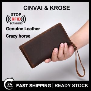 Wallets Dompet kulit Kuda Gila untuk lelaki, dompet panjang kulit asli dalam fesyen Retro, dompet berkapasiti besar, beg kad telefon dan syiling Bags