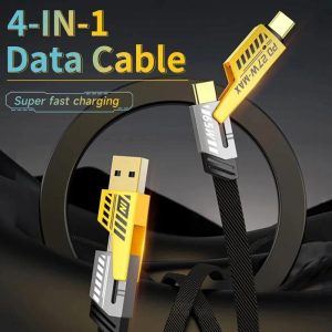 4 in 1 Super Fast Charging Cable USB A Type-C Dual Connector Lighting PD 65W 27W Nylon Braided Data Cable For Android and iPhone