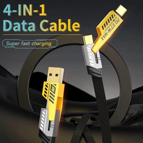4 in 1 Super Fast Charging Cable USB A Type-C Dual Connector Lighting PD 65W 27W Nylon Braided Data Cable For Android and iPhone