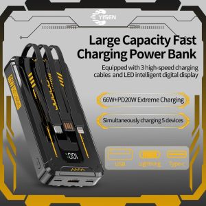 Yisen Cool Powerbank 30000mAh PD20W Type-C Output 66W Super Fast Charging With 3 Cables LED Capacity Digital Display Fast Power Bank Yellow Battery