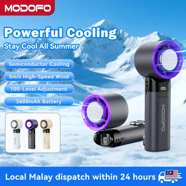 MODOFO Kipas Pegang Tangan Penyejuk Kelajuan Tinggi, Bateri 3600mAh, Penyejuk Semikonduktor untuk Sejuk Segera, 2 Mod - Mod Angin & Penyejukan Semulajadi, Paparan LED, Kawalan Kelajuan Angin Tanpa Langkah, Reka Bentuk Boleh Dilipat & Padat