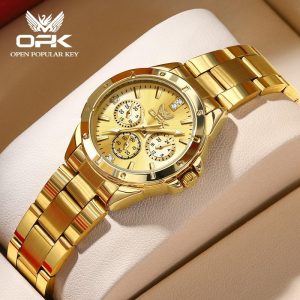OPK Jam Tangan Wanita Peremuan Elegan Original Cewek Waterproof Watches For Women Gold Luminous Stainless Steel Watch 6001Rotundity Bahan logam dalam stok Banyak warna Pejabat parti pemberian hadiah Garanti 1 tahun Gelap