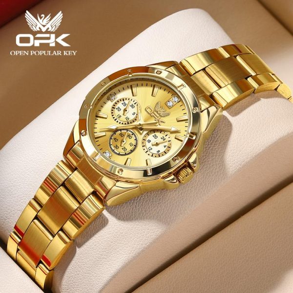 OPK Jam Tangan Wanita Peremuan Elegan Original Cewek Waterproof Watches For Women Gold Luminous Stainless Steel Watch 6001Rotundity Bahan logam dalam stok Banyak warna Pejabat parti pemberian hadiah Garanti 1 tahun Gelap