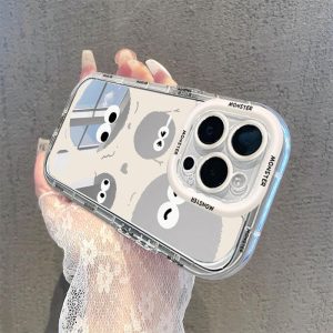 Sarung Telefon Bola Arang Batu, Reka Bentuk Comel, Serasi dengan iPhone 11, 15, 14, 13, 12, Pro, Xs Max, XR, X, 7, 8 Plus, SE 2020, Gaya Korea Ins, Sarung Cermin Solek Lembut Jelas, Sarung Telefon Bimbit, Penutup Belakang Pelindung Kalis Kejutan Silikon