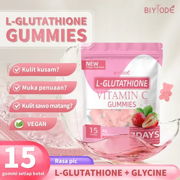 BIYODE L-Glutathione Gummies SKIN Whitening untuk Memutihkan & Melembapkan Kulit | 500mcg Biotin & L-glutation | Dengan Vitamin C, D, E & Asid Pantothenik | Perisa Strawberi | 15 Kira Suplemen bergetah pemutih kulit Vegan