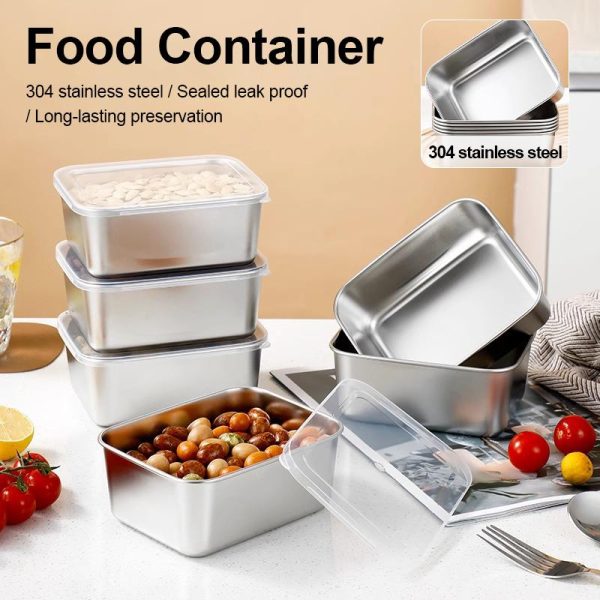 Bekas Penyimpanan Makanan, Bahan Keluli Tahan Karat, Sesuai untuk Makanan, Gred Makanan, dengan Penutup, Sesuai untuk Penggunaan Peti Sejuk, Kotak Penyimpanan Makanan, Kotak Peti Sejuk, Kapasiti Besar.