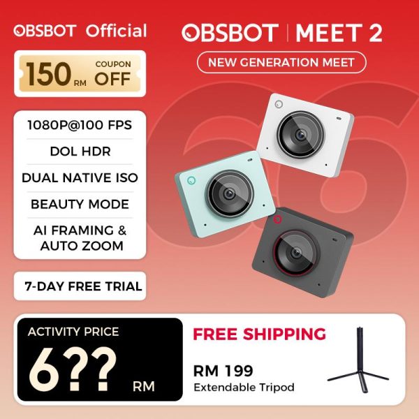 OBSBOT Meet-2 AI-Powered 4K Webcam,Lightweight and Compact,AI Auto Framing and Fast Auto Focus,High Resolutions up to 4K@30fps / 1080P@60fps,Gesture Control,Built-in Dual Omnidirectional Microphones,Quick Setup