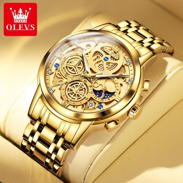 OLEVS Original Jam Tangan Lelaki Waterproof Watch Men Luminous Gold Stainless Steel Luxury Chronography Date Black Wrist Men Watches with Luxury Box G9947 Rotundity Bahan logam dalam stok Warna berbilang Ada kotak Ada alat Pejabat parti pemberian hadiah