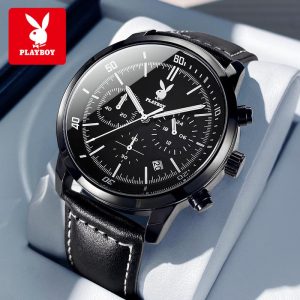 PLAYBOY 3065 Jam Tangan Lelaki Relo Original Pergelangan tangan Kalis Air Asli Tali Kulit Keluli Tahan Karat Dengan Kotak Warna Hitam Watches Ketibaan Baru