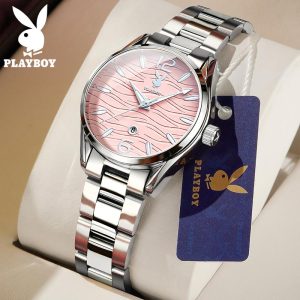 【100% tulen】PLAYBOY Jam Tangan Wanita Siri | Kalis Air | Pink | Keluli Tahan Karat Berkilau | Kalendar | Kotak Mewah Gaya Baru | Kuarza | Sesuai Wanita & Remaja 3302 Watches Waranti tiga tahun malaysia