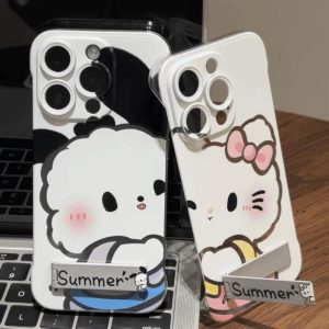 Sarung Telefon Tanpa Bingkai Pasangan, Reka Bentuk Comel, Pemegang Halimunan, Serasi dengan iPhone 11, 16, 15, 14 Plus, 13, 12 Pro Max, Ultra Nipis, Sarung Kartun, Bahan PC Fleksibel, Sarung Kalis Kejutan, Penutup Belakang Pelindung