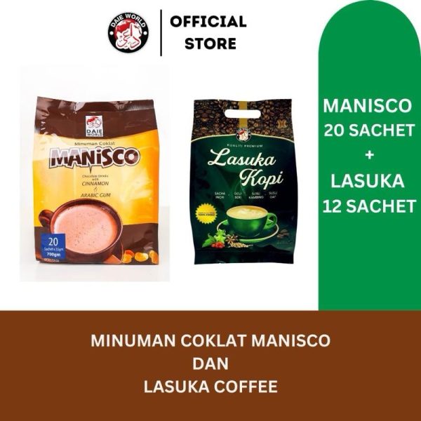 Kopi Organik Lasuka 1 Pek + Manisco 20 Sachet 1 Pek - Berkualiti Tinggi Tanpa Gula dan Lemak - Coffee dan coklat