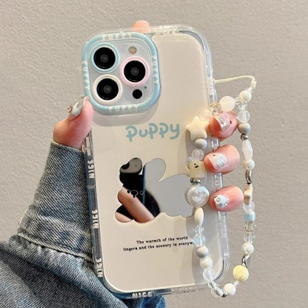 Sarung Telefon Cermin Mekap Anak Anjing, dengan Lanyard, untuk iPhone 11, 16, 15, 14, 13, 12, Pro, Xs Max, XR, X, 7, 8 Plus, Sarung Korea, Penutup Belakang Pelindung Kalis Kejutan