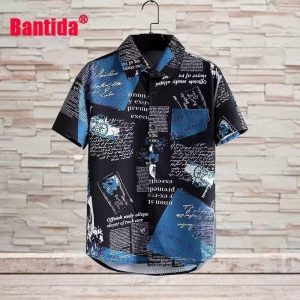 Kemeja lengan pendek musim panas untuk lelaki, baju Pu Shuai kasual, belia, Inggeris, percetakan surat khabar, pendandan rambut, pantai, Hawaii