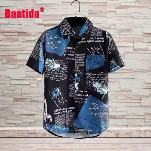 Kemeja lengan pendek musim panas untuk lelaki, baju Pu Shuai kasual, belia, Inggeris, percetakan surat khabar, pendandan rambut, pantai, Hawaii