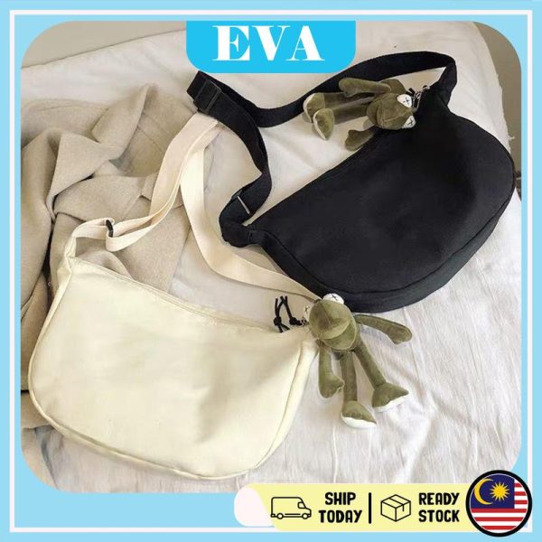 READY STOCK EVA Female Fahion Student Korean Canvas Messenger Bag Ins Joker Hip Hop Solid Color Special Bag Adjustable Bags Crossbody Sling White Zip Selempang Cotton Wanita Zipper