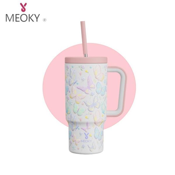 Mug Perjalanan, MEOKY, 24oz (700ml), dengan Pemegang, Keluli Tahan Karat, Bertebat Vakum, Sesuai untuk Kopi, Dinding Berganda, dengan Tudung Kalis Bocor, Bebas BPA