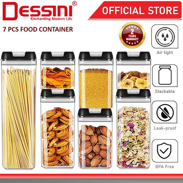 DESSINI ITALY 7 Pcs Airtight Dry Food Storage Box Containers Jars Lock Lids Snack Plastic Canister Pantry Organization