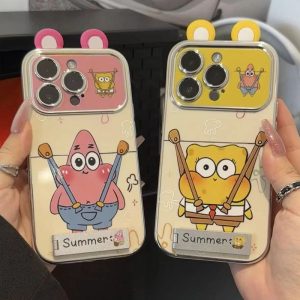 Sarung Telefon Elektroplating,Reka Bentuk Kartun,dengan Pemegang Logam,Serasi dengan iPhone 11,15,14,13,12,Pro,Xs Max,XR,X,7,8,6,6s Plus,Gaya Korea Ins,Bahan TPU Lembut,Penutup Belakang Pelindung Kalis Kejutan,Sesuai untuk Telefon Bimbit