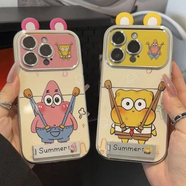Sarung Telefon Elektroplating,Reka Bentuk Kartun,dengan Pemegang Logam,Serasi dengan iPhone 11,15,14,13,12,Pro,Xs Max,XR,X,7,8,6,6s Plus,Gaya Korea Ins,Bahan TPU Lembut,Penutup Belakang Pelindung Kalis Kejutan,Sesuai untuk Telefon Bimbit