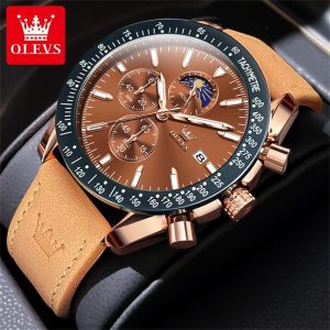 OLEVS Jam Analog Tangan Lelaki Original Pergerakan Kuarza Kalis New 2024 Air Asli Tali Kulit Berkilau Sesuai untuk Perniagaan dan Riadah Watches 9980 Rotundity Material logam+kulit dalam stok Warna berbilang Pejabat parti pemberian hadiah Garanti 1 tahun