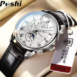 Jam tangan fesyen kasual POSHI untuk lelaki, asli, tulen, kalis air, kulit, kuarza, analog, berkilau, (Stok sedia) Men's Watches