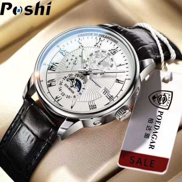 Jam tangan fesyen kasual POSHI untuk lelaki, asli, tulen, kalis air, kulit, kuarza, analog, berkilau, (Stok sedia) Men's Watches