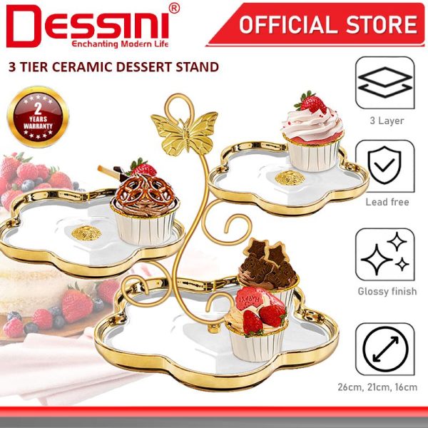 DESSINI ITALY 3 Tier Ceramic Dessert Stand Tower Cake Display Rack Snack Platter Fruit Bowl Party Serving Tray Plate