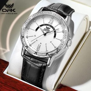 OPK Jam tangan kuarza dengan tali kulit untuk lelaki keluli tahan karat berkilau kalis air Asal untuk perniagaan Relo 8161 Watches Rotundity Material logam+kulit dalam stok Warna berbilang Ada kotak Pejabat parti pemberian hadiah Garanti 1 tahun