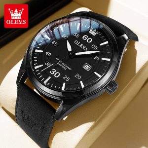 OLEVS Jam Tangan Lelaki Original Gaya Fesyen Baharu Asal Kalis Air Pergerakan Kuarza Kulit Hitam Berkilau Sesuai untuk Perniagaan dan Riadah Watches NEW99-62 Material logam+kulit dalam stok Warna berbilang parti pemberian hadiah Garanti 1 tahun