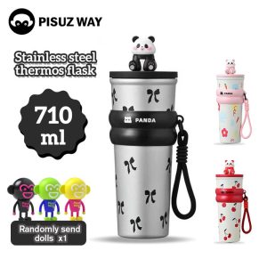 Cawan Termos Mudah Alih, Keluli Tahan Karat, Kapasiti Besar, dengan Straw Kopi Kereta, Reka Bentuk Panda Comel, Mengiringi, [Pisuz Way] Kitchenware