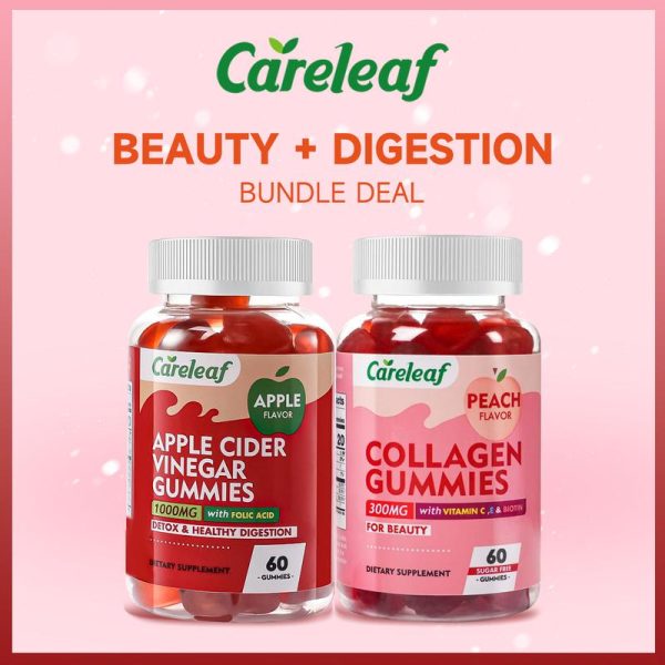 Careleaf-Gummies ACV + Kolagen, Kelembutan & Kilauan, Halal, Bukan GMO, Bebas Gluten, 60 Ct setiap Botol, Penjagaan Kesihatan Kecergasan, Kecantikan & Kilauan, Menyokong Rambut, Kulit & Kuku, Keanjalan Kulit & Penghidratan