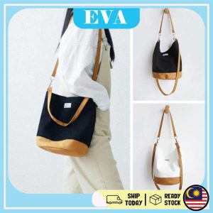 READY STOCK EVA Original Korean simple canvas bag women's canvas shoulder bucket bag Tote White Pocket Totebag Wanita