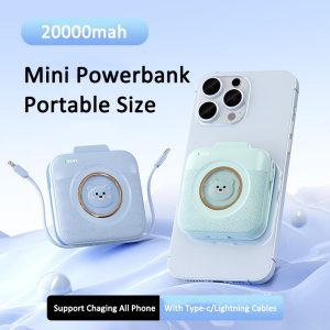 Yisen Cute Bear 20000mAh Mini PowerBank Built in 2 Cables Portable Design Led Capacity Display Fast Powerbank Battery Green Mobile