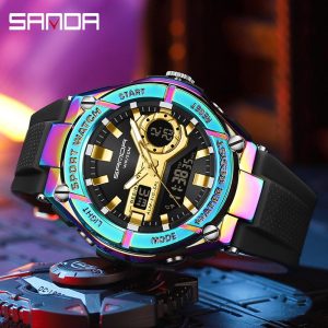 Jam Tangan Sukan, AW24 SANDA 3123, Kalis Air, Analog, Fesyen Mewah, Paparan Digital LED, Berkilau, Pelbagai Fungsi, Untuk Lelaki, Jam Tangan