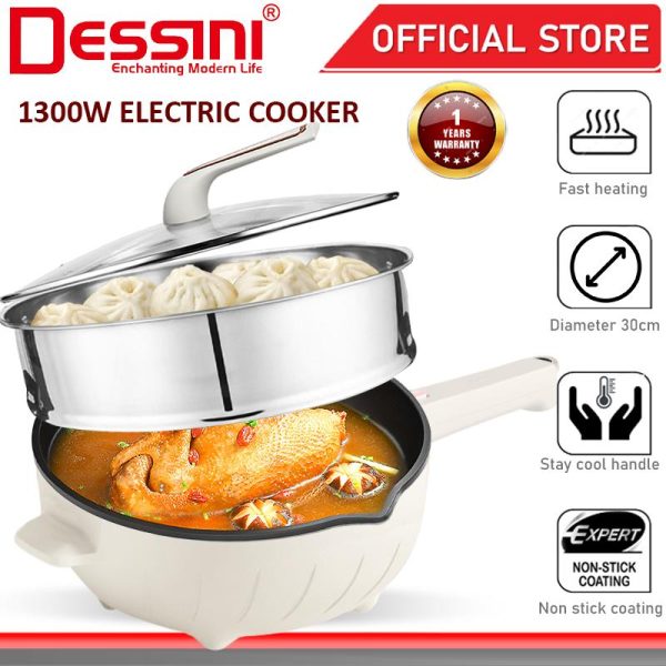 DESSINI ITALY Electric Cooker Steamboat Hot Pot Non Stick Frying Wok Pan Rice Cooker with Steamer Periuk Masak Elektrik