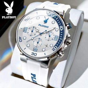 PLAYBOY Jam Analog Tangan Lelaki Original Waterproof Watch for Men Luminous Stainless Steel Silica Gel Strap Sport Fashion Watch Men New 3036 Material logam+kulit dalam stok Warna berbilang Ada kotak Pejabat parti, pemberian hadiah Garanti 3 tahun