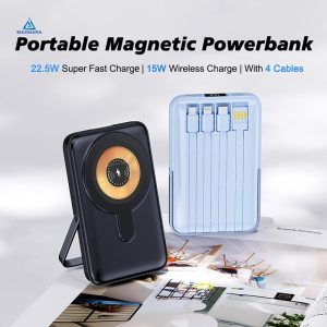 Yisen 12000mAh Magnetic Power Bank With Folding Stand 4 Cables Led Display 15W Wireless Charging 66W Fast Charging Purple Alloy Battery