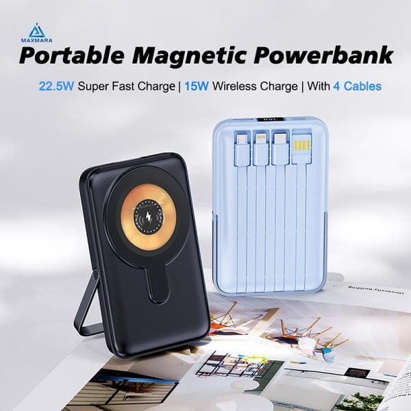 Yisen 12000mAh Magnetic Power Bank With Folding Stand 4 Cables Led Display 15W Wireless Charging 66W Fast Charging Purple Alloy Battery