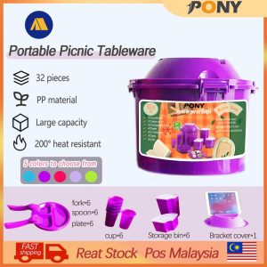 Pony 32pcs Picnic Mate Set Plastic Picnic Set Large Capacity Luxury Party Dinner Set, Suitable for picnics, camping, family gatherings, etc., easy to carry, BPA FREE Outdoor Red