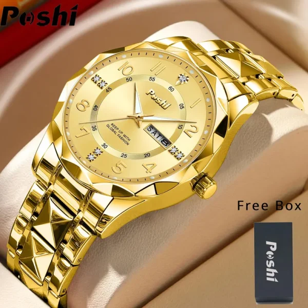 Jam Tangan Lelaki Emas Mewah, POSHI, Fesyen dan Kasual, Keluli Tahan Karat, Pergerakan Kuarza Analog, Kalis Air, Kotak Percuma, Sesuai untuk Lelaki
