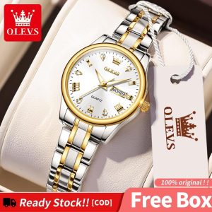 OLEVS 5563 Jam Tangan Untuk Wanita Kalis Air Asli Dijual Wanita Kulit Emas Perak Dengan Kotak Relo Pergelangan tangan Jam Tangan Wanita Keluli Tahan Karat Gelap Watches