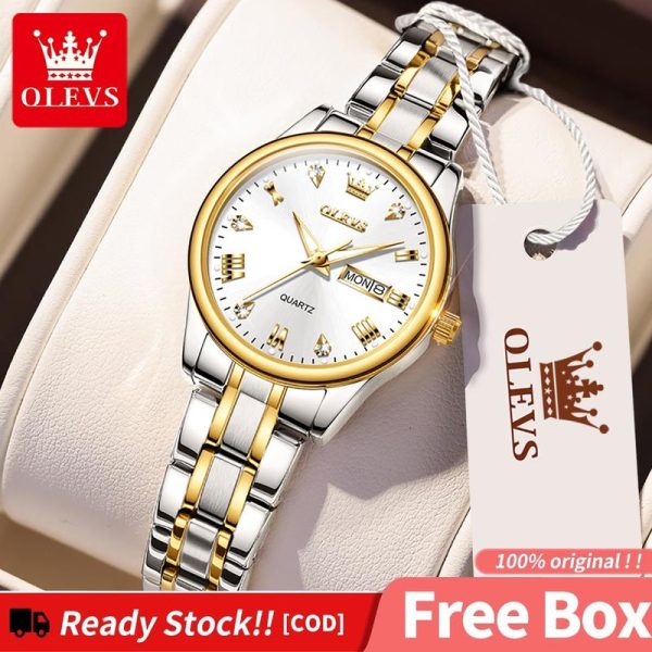 OLEVS 5563 Jam Tangan Untuk Wanita Kalis Air Asli Dijual Wanita Kulit Emas Perak Dengan Kotak Relo Pergelangan tangan Jam Tangan Wanita Keluli Tahan Karat Gelap Watches