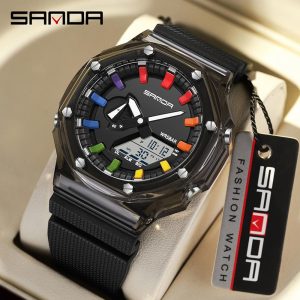 SANDA 3341 Jam Tangan Kalis Air Sukan Elektronik, AW24, Personaliti Fesyen Baharu, Pelbagai fungsi, Jam Tangan Uniseks Digital Kasual, dengan Pesona, Sesuai untuk Lelaki dan Wanita