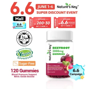 Nature's Key Beetroot Gummies sesuai untuk dewasa, membantu memperbaiki peredaran darah dan menyokong tekanan darah yang sihat, meningkatkan prestasi senaman, mengandungi hawthorn dan L-citrulline, tanpa gula, rasa pic, 120 biji