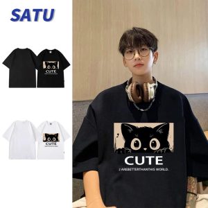SATU baju kurung ultrathin 2025 Korean Cat Japanese Casual Trendy Printed Loose Half Sleeve T-shirt Summer Couple Short Sleeve Cotton Wanita