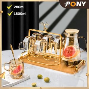 PONY MALL 7-piece set of light luxury style diamond water set for home living room with handle glass 280ml drinking cup tea set high borosilicate glass 6 cups + 1 pot diamond pot household hot and cold water kettle high temperature resistance Kitchenware