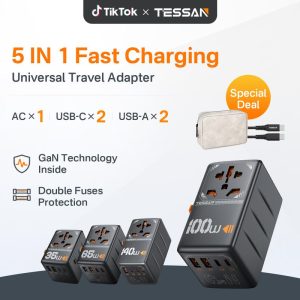 【Tessan Special】TESSAN Penyesuai Perjalanan Universal, Pengecas Pantas, 35W / 65W / 100W / 140W, Penyesuai Palam Antarabangsa, dengan Pelbagai Port Pengecasan USB-A / Jenis C